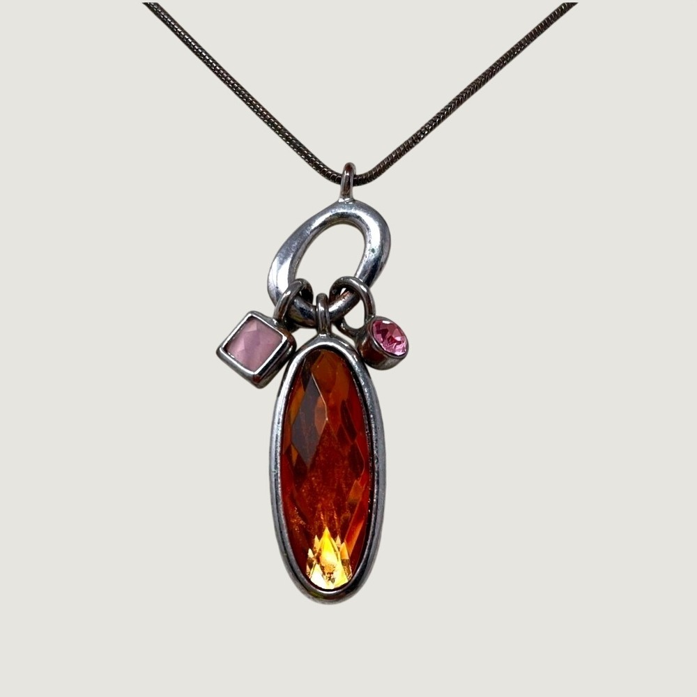 Lia Sophia Amber and Pink Crystal Multi Charm Pendant Necklace Silver Tone 170